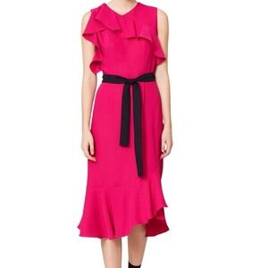 AMANDA UPRICHARD Ruffle Midi Dress Crepe Tie Belt Pink Fuchsia Size Small